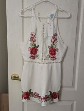 She + Sky White Halter Romper with Red & Pink Floral Embroidery